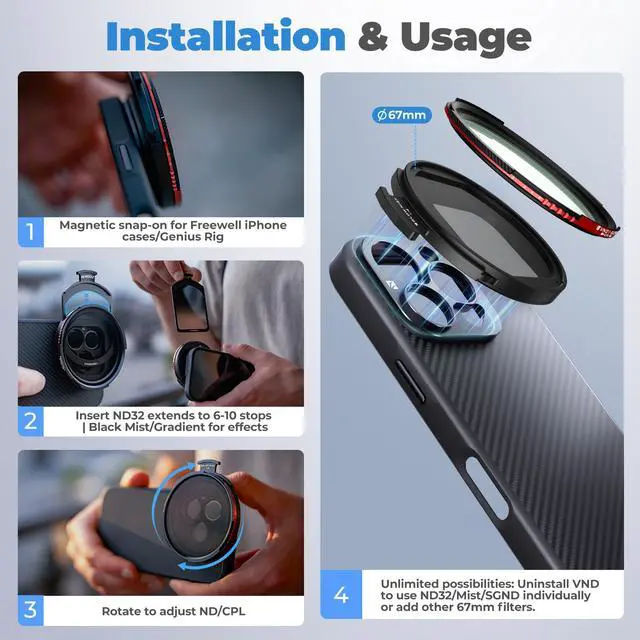 Alt view image 4 of 4 - Pro Hybrid Magnetic Filter 1 to 10 Stop Variable ND/CPL with ND32, Soft Gradient 1.2, Black Glow Mist Compatible with iPhone Case & Cage