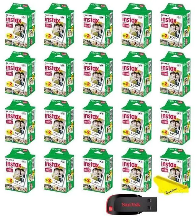 Main image of Instax Mini Instant Camera Film with Sandisk 32 GB USB Flash Drive + 20 x Mini Twin Packs (400 Sheets) and Buzz-Photo Microfiber Cleaning Cloth