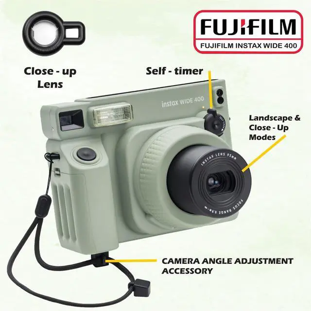 Alt view image 4 of 4 - Instax Wide 400 Instant Film Camera (Sage Green) Bundle with Instax Wide Instant Film (20 Sheets), with Accessories Including Leather Camera Case