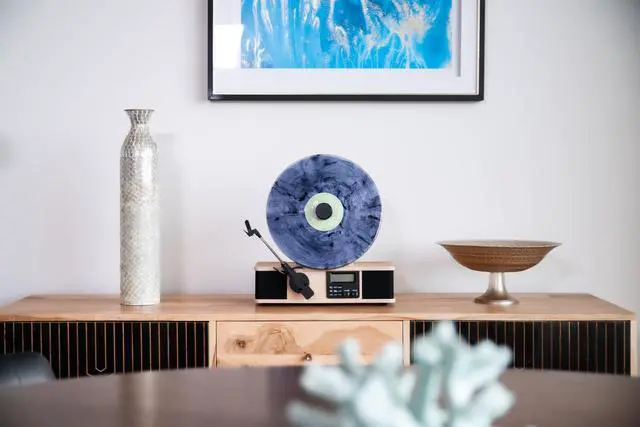 Alt view image 2 of 4 - Wrap Vertical Vinyl Record Player | FM Radio, Bluetooth in/Out, AUX, Line Out | Alarm Clock | Premium Ceramic Needle | Full Range Speakers | New Bamboo Color
