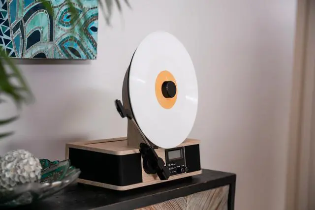 Alt view image 3 of 4 - Wrap Vertical Vinyl Record Player | FM Radio, Bluetooth in/Out, AUX, Line Out | Alarm Clock | Premium Ceramic Needle | Full Range Speakers | New Bamboo Color