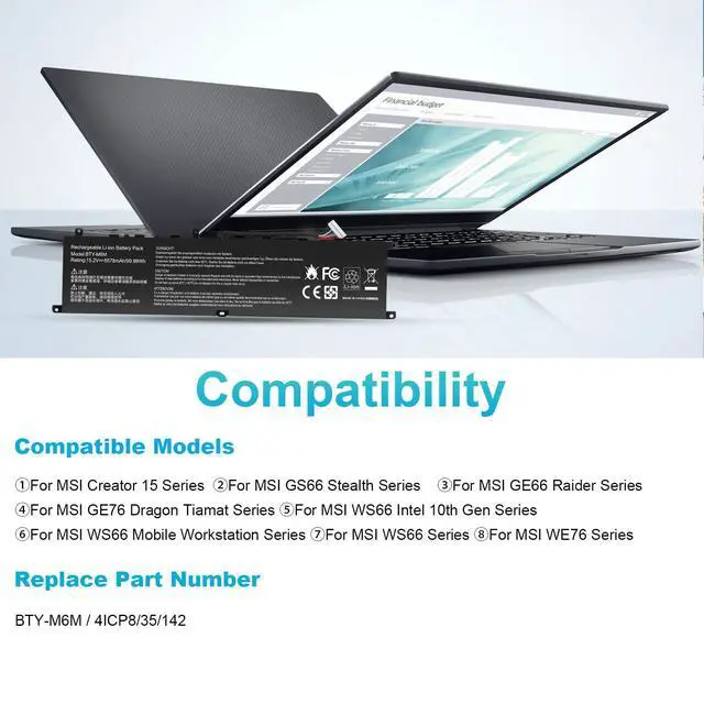 Alt view image 4 of 4 - BTY-M6M Battery Replacement for MSI GS66 Stealth 10SD 10SE GE76 Raider 10SF 10SFS 10SGS GE66 Raider 10UE 10UG 10UH 11UE 11UG 11UH WS66 10TK 10TL WE76 11UK 11UM Creator 15 A11UE A11UH A10SD A10SE