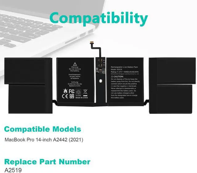Alt view image 6 of 6 - A2519 Battery Replacement for A2442 MacBook Pro 14 inch(2021),EMC 3650 8102