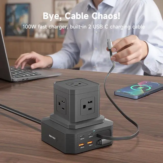 Alt view image 3 of 4 - Charging Station (100W), 11-in-1 USB C Power Strip with Surge Protection, 6.6Ft Extension Cord, 4 USB C and 2 USB A Ports, 5 AC Outlets for Home Office Dorm Room