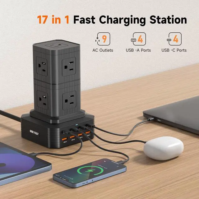 Alt view image 2 of 4 - Charging Station (100W), 17-in-1 USB C Power Strip with Surge Protection, 6.6Ft Extension Cord, 4 USB C and 4 USB A Ports, 9 AC Outlets for Home Office Dorm Room