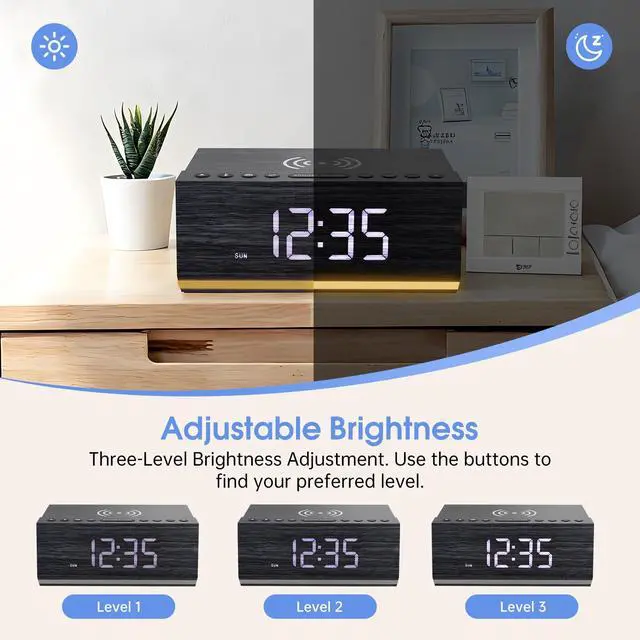 Alt view image 4 of 4 - Hoifen Wooden Digital Alarm Clock with Wireless Charging, Bluetooth Speaker & FM Radio, Dual Alarms, Night Light, Dimmable Display, USB Port, 9-Min Snooze Bedside Clock Home Decor Gift (Black)