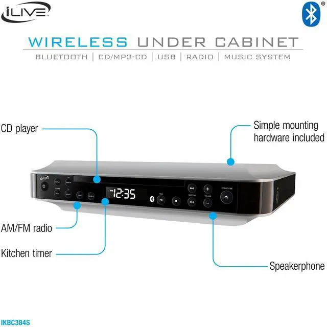 Alt view image 2 of 6 - iKBC384S Bluetooth Under the Cabinet Radio with CD Player