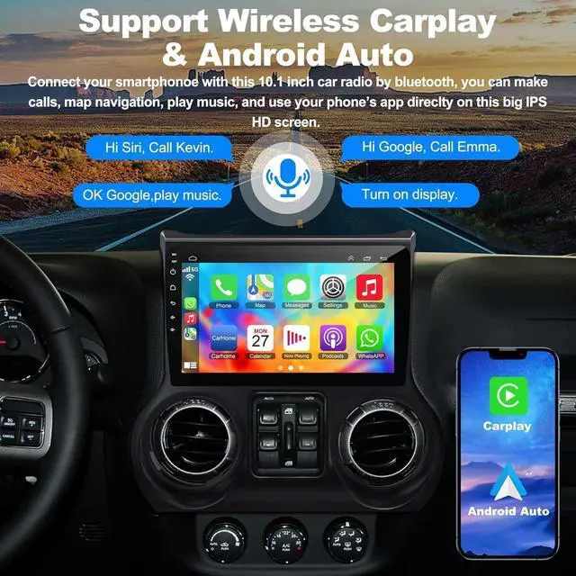 Alt view image 3 of 4 - (4GB+64GB) Android Car Radio Stereo for Jeep JK Wrangler 2011 2012 2013 2014 10.2 Inch Touchscreen Support Wireless Carplay/Android Auto/WiFi/GPS/Bluetooth5.2/Back-up Camera/FM/SWC
