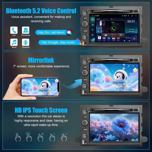Alt view image 4 of 4 - Car Radio with DVD/CD for Ford F150/F250/F350 2004-2014, 7" IPS Touch Screen Car Stereo with Wireless & Wired CarPlay/Android Auto, Backup Camera,SWC,DSP