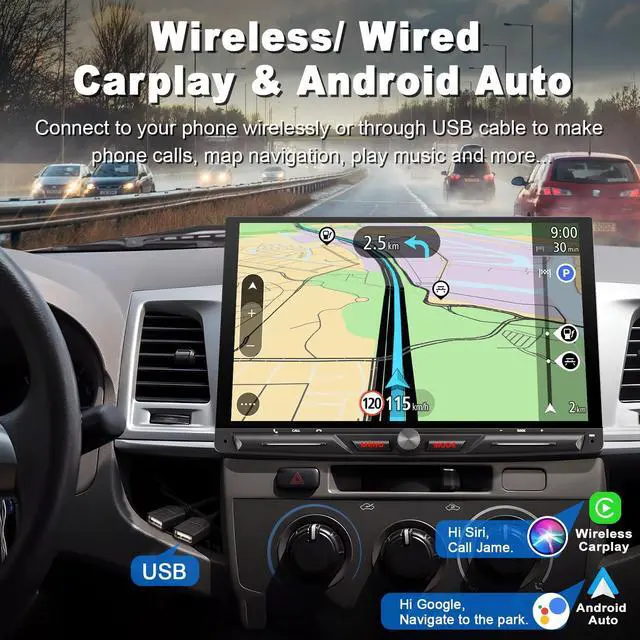 Alt view image 2 of 4 - Wireless 10.1" Single Din Car Stereo, Carplay Android Auto Touch Screen CarPlay Radio, Bluetooth 5.3, 240W Subwoofer, Backup Camera, FM/AM SWC, USB/TF Card Slots, FM Radio, AUX Input
