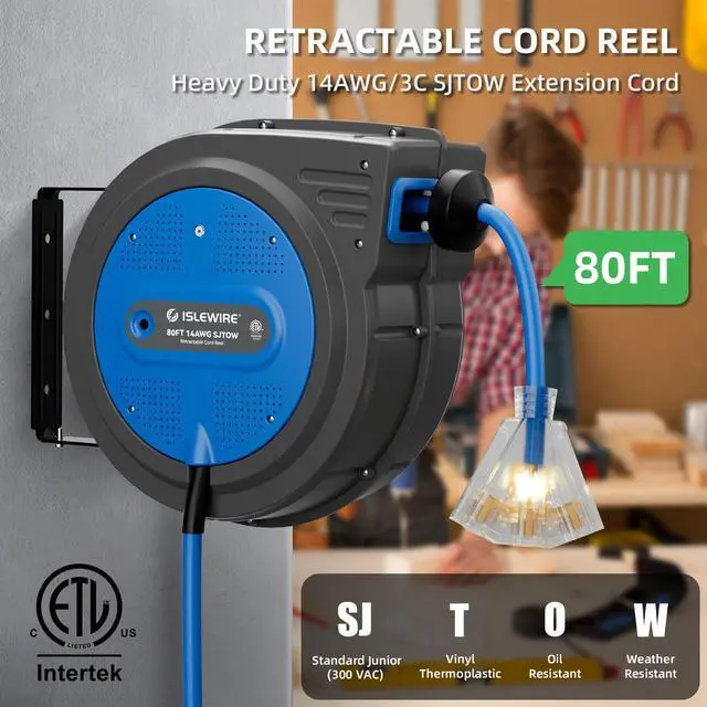 Alt view image 2 of 4 - 80FT Retractable Extension Cord Reel, 14 AWG/3C SJTOW Heavy Duty Power Cord with Lighted Triple Outlet, 13A Circuit Breaker, 180° Swivel Wall/Ceiling Mount Retractable Cord Reel, ETL Listed, Blue