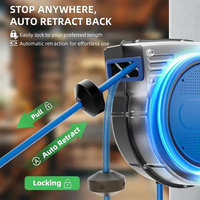 Alt view image 3 of 4 - 80FT Retractable Extension Cord Reel, 14 AWG/3C SJTOW Heavy Duty Power Cord with Lighted Triple Outlet, 13A Circuit Breaker, 180° Swivel Wall/Ceiling Mount Retractable Cord Reel, ETL Listed, Blue