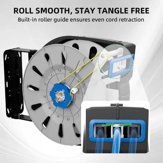Alt view image 4 of 4 - 80FT Retractable Extension Cord Reel, 14 AWG/3C SJTOW Heavy Duty Power Cord with Lighted Triple Outlet, 13A Circuit Breaker, 180° Swivel Wall/Ceiling Mount Retractable Cord Reel, ETL Listed, Blue
