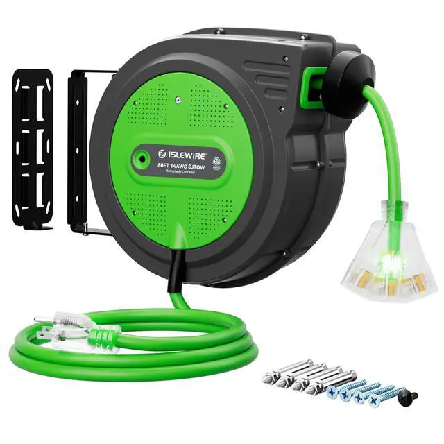 Main image of 80FT Retractable Extension Cord Reel, 14 AWG/3C SJTOW Heavy Duty Power Cord with Lighted Triple Outlet, 13A Circuit Breaker, 180° Swivel Wall/Ceiling Mount Retractable Cord Reel, ETL Listed, Green