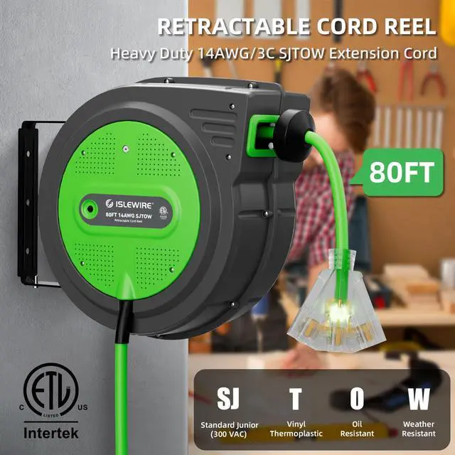 Alt view image 2 of 4 - 80FT Retractable Extension Cord Reel, 14 AWG/3C SJTOW Heavy Duty Power Cord with Lighted Triple Outlet, 13A Circuit Breaker, 180° Swivel Wall/Ceiling Mount Retractable Cord Reel, ETL Listed, Green