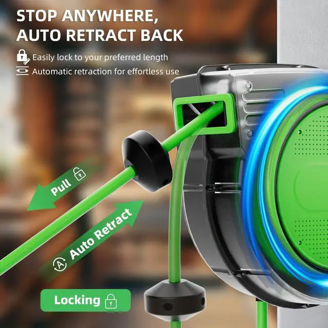 Alt view image 3 of 4 - 80FT Retractable Extension Cord Reel, 14 AWG/3C SJTOW Heavy Duty Power Cord with Lighted Triple Outlet, 13A Circuit Breaker, 180° Swivel Wall/Ceiling Mount Retractable Cord Reel, ETL Listed, Green