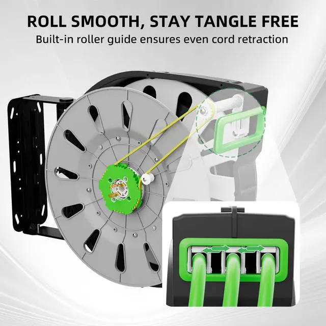 Alt view image 4 of 4 - 80FT Retractable Extension Cord Reel, 14 AWG/3C SJTOW Heavy Duty Power Cord with Lighted Triple Outlet, 13A Circuit Breaker, 180° Swivel Wall/Ceiling Mount Retractable Cord Reel, ETL Listed, Green