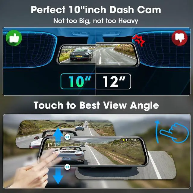 Alt view image 3 of 4 - Upgraded 10'' Rear View Mirror Camera Mirror Dash Cam Front and Rear 1080P Backup Camera Full Touch Screen w Loop Recording, G-Sensor Night Vision 170° Wide Angle