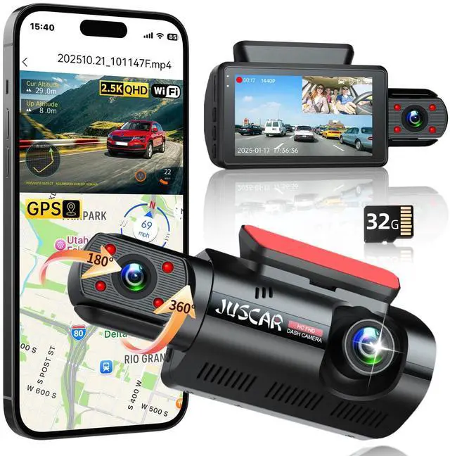 Main image of 2.5K+1080P Dual Dash Cam Front and Inside, WiFi & GPS Dash Camera for Cars with 32G Card, IR Night Vision, 3" IPS Screen, Inside Car Camera for Taxi Driver, Support 256GB Max, App Control