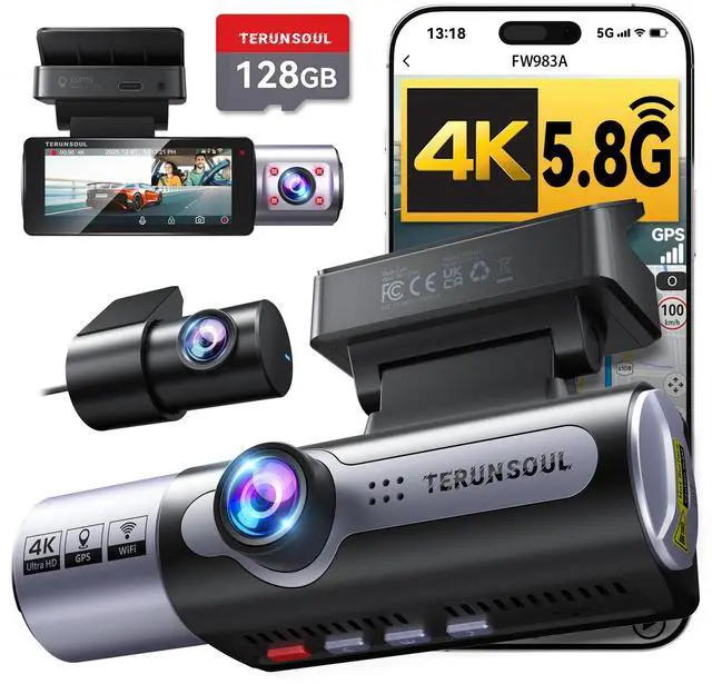 Main image of 4K Dash Cam Front and Rear, Full HD 3 Channel Dashcam, Free 128GB Memory Card, Built-in 5.8GHz WiFi Built-in GPS, Collision Sensor, Night Vision, 3.16" IPS, 24H Parking Mode(Black)