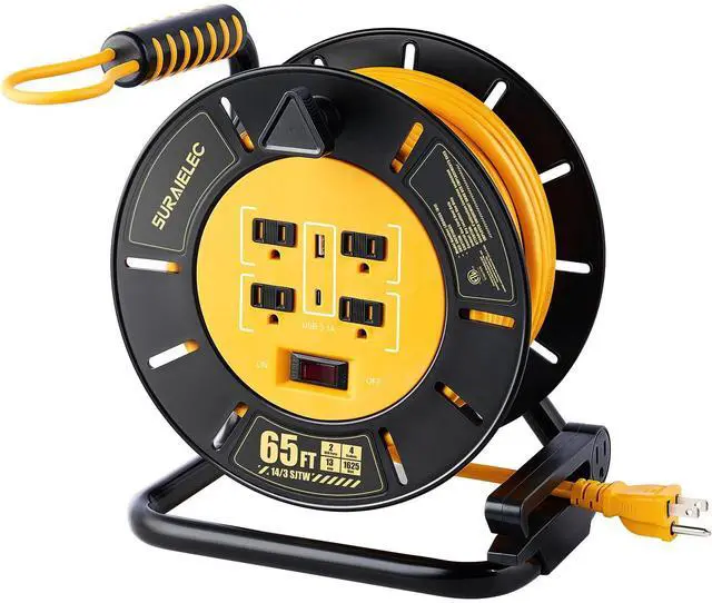Main image of 65 FT Extension Cord Reel with 4 Grounded Outlets, USB-A & USB-C Ports, 14AWG Heavy Duty Power Cord, 13A 1625W, Portable Hand Crank for Indoor Outdoor Use, ETL Listed