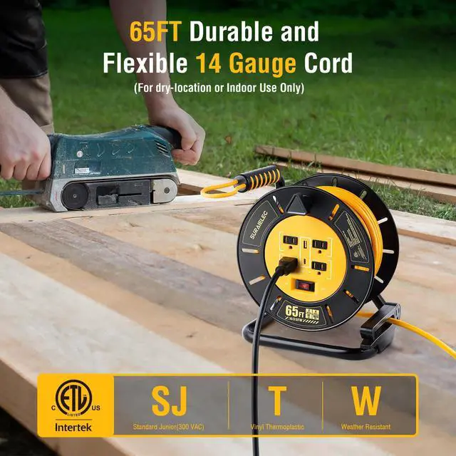 Alt view image 2 of 4 - 65 FT Extension Cord Reel with 4 Grounded Outlets, USB-A & USB-C Ports, 14AWG Heavy Duty Power Cord, 13A 1625W, Portable Hand Crank for Indoor Outdoor Use, ETL Listed