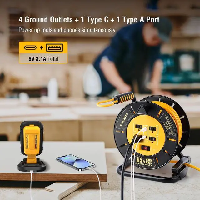 Alt view image 4 of 4 - 65 FT Extension Cord Reel with 4 Grounded Outlets, USB-A & USB-C Ports, 14AWG Heavy Duty Power Cord, 13A 1625W, Portable Hand Crank for Indoor Outdoor Use, ETL Listed