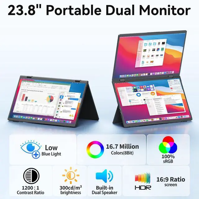 Alt view image 3 of 4 - Portable Dual Monitor for Laptop, 1080P FHD IPS 100% sRGB Triple Screen,Plug & Play No Driver,Foldable Laptop Screen Extender,Compatible with Mac, Windows, 15.6"