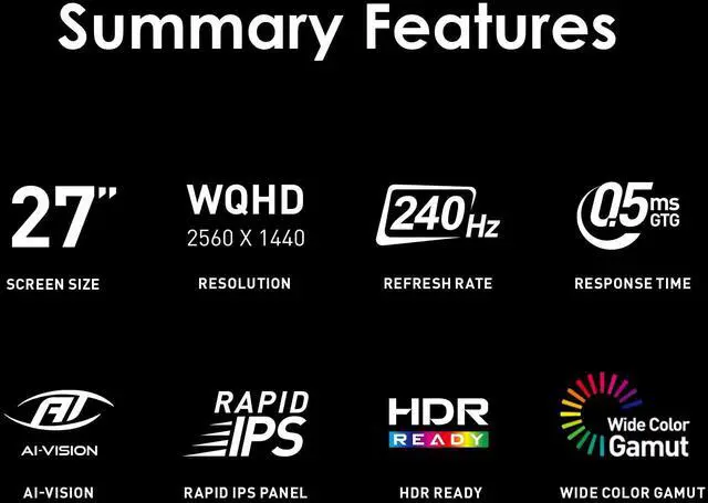 Alt view image 2 of 4 - MAG 274QF X24 27-inch 2560 x 1440 (QHD) Gaming Monitor, 240Hz, AMD FreeSync Premium, HDMI, DisplayPort, VESA, Tilt, Height Adjustable, Speaker, 0.05ms, Black