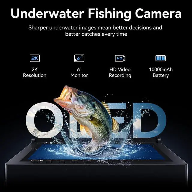 Alt view image 2 of 4 - 2K DVR Underwater Fishing Camera with Recording 6" OLED Sun-Readable Display | 10000mAh Battery, 220° Wide Angle, IR Night Vision | Professional Portable Kit for Ice & Boat Fishing