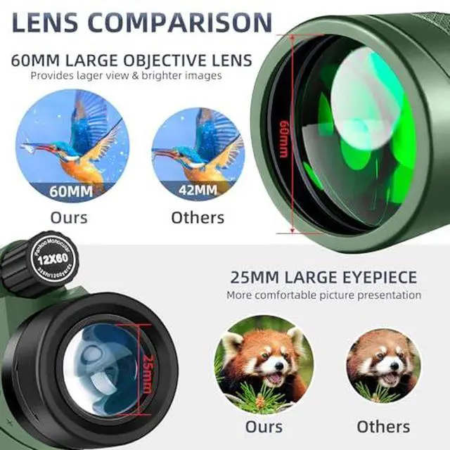 Alt view image 2 of 4 - 12x60 Powerfull Monoculars for Adults with Smartphone Adapter Tripod Plus Portable Bag, Larger Vision Monoculars for Adults with BAK4 Prism & FMC Lens, Suitable for Bird Watching Hiking