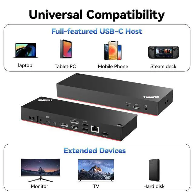 Alt view image 3 of 4 - ThinkPad 40B00135 Thunderbolt 4 Universal Docking Station for Lenovo Laptops, 4 External Displays, Power Charging UP to 100W + HDMI 4K Cable + DP Cable+ Cleaning Cloth