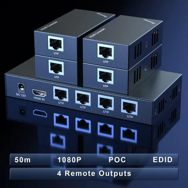 Alt view image 2 of 4 - HDMI Extender Splitter 1x4 1080P@60Hz Over Cat 5E/6/7 Ethernet Cable 50m (165ft) Support EDID Copy POC Function (1 in 4 Out)