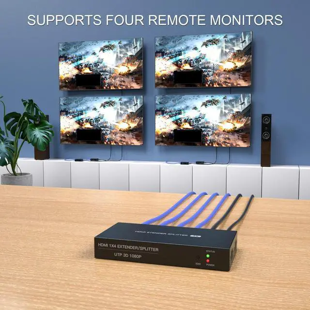 Alt view image 3 of 4 - HDMI Extender Splitter 1x4 1080P@60Hz Over Cat 5E/6/7 Ethernet Cable 50m (165ft) Support EDID Copy POC Function (1 in 4 Out)