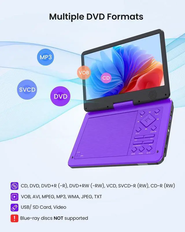 Alt view image 2 of 4 - 12.5-inch Portable DVD Player with 10.5-inch HD Screen, Portable Design for on-the-go Viewing.Supports 5 Hours of Battery Life.CD/DVD/SD Card/USB Compatible,Region Free (Purple)