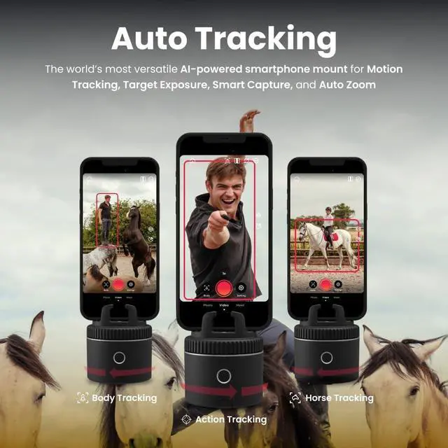 Alt view image 2 of 4 - Equestrian Pod Essential Pack, Auto Face, Body, Horse Phone Tracking Holder, Ai-Powered 360° Rotation, Remote Control for Hands-Free Video Recording with Smart Mount, Travel Case & Tripod (Black)