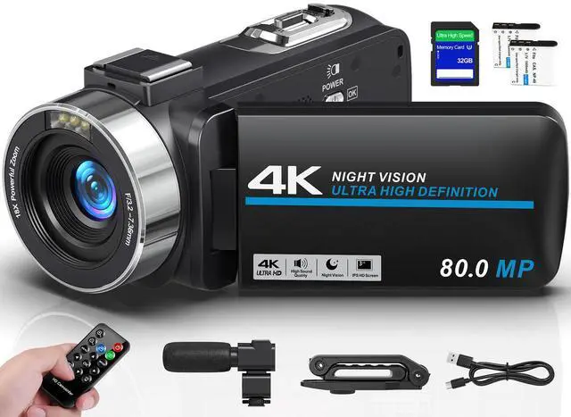 Main image of 4K Camcorder Video Camera HD 80MP 30FPS Vlogging Camera for YouTube IR Night Vision Camera 18X Digital Zoom 3.0 IPS Screen Video Recorder with 32GB SD Card, 2 Batteries, Remote Control, and Stabilizer
