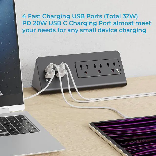 Alt view image 4 of 4 - Nightstand Charging Station, Nightstand Edge Power Strip with 3 AC Outlets, 4 Fast Charging USB Ports, Connect 6.56FT Flat Plug, Desk Surge Protector for Office Home Hotel, 2-Pack(Black/White)