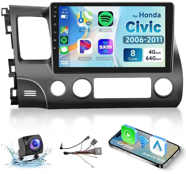 Main image of 8 Core 4G+64G Car Radio for Honda Civic 2006 2007 2008 2009 2010 2011, Wireless Carplay Android Auto Car Stereo, 10.1 IPS Touchscreen with WiFi, GPS, Bluetooth,FM/RDS, 32EQ DSP, Rear Camera