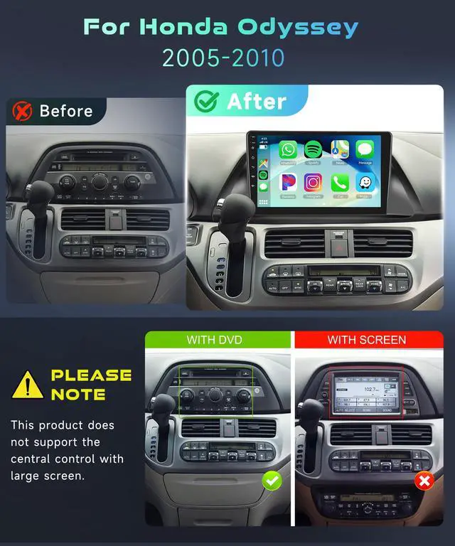 Alt view image 2 of 4 - 5/6GhzWiFi 8 Core 4G+64G for Honda Odyssey 2005-2010 Car Stereo Radio with 10.1 Inch IPS Touchscreen Wireless Carplay/Android Auto DSP Hi-Res GPS Android 15 FM/RDS SWC Camera