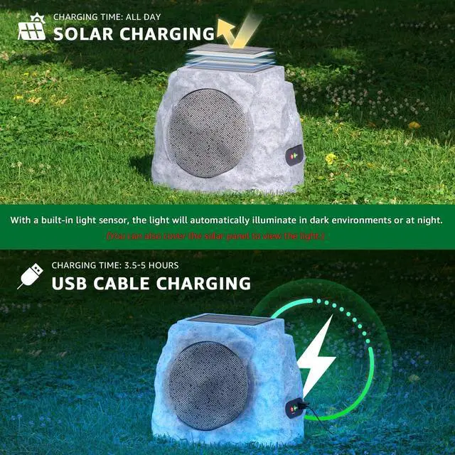 Alt view image 3 of 4 - Outdoor Rock Speakers Waterproof Patio with Lights Color,Multi-Sync Up to 100 Speakers Pairing Solar Powered Rock Speaker Rechargeable for Pool Party Yard Garden Outside 1 Pack