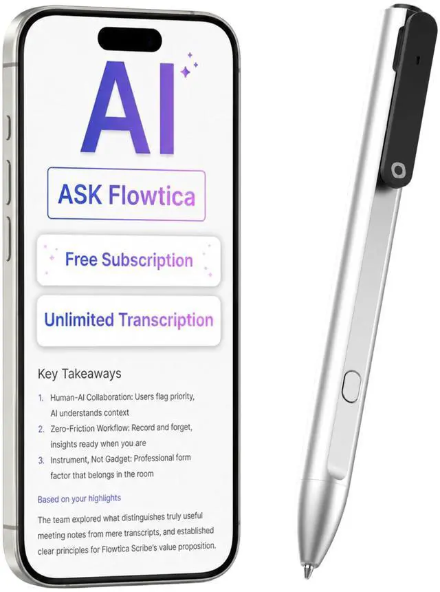 Main image of Voice Recorder with AI Assistant, Unlimited Transcribe, Summarize & Action, All-in-one Workspace, Live Highlight, Note Taker for Meeting, Interview, Professional, Lecture,300 Min/Mon, Silver
