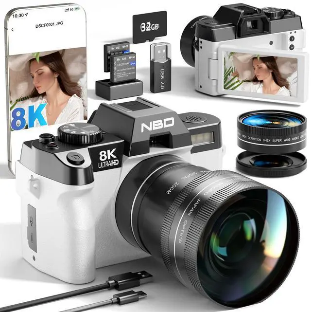 Main image of 8K Digital Cameras for Photography,64MP Camara Fotograficas,Travel Vlogging Cameras for YouTube with 180°Flip Screen,16X Digital Zoom,2 Batteries,32GB TF Card,52mm Macro Lens (White)