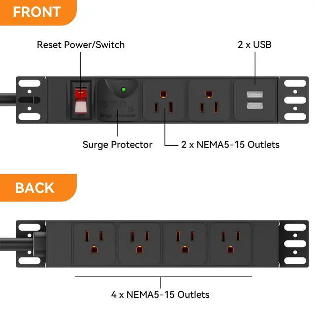 Alt view image 2 of 4 - 10 inch Rack PDU, 1U 6 Outlets(2 in front, 4 in back),1020J Surge Protection and 15A Overload Switch & 2 USB-A, Rack Mount Power Strips for 10'' Mini Server Network Cabinets/Rack/Self, 14AWG 6ft Cable