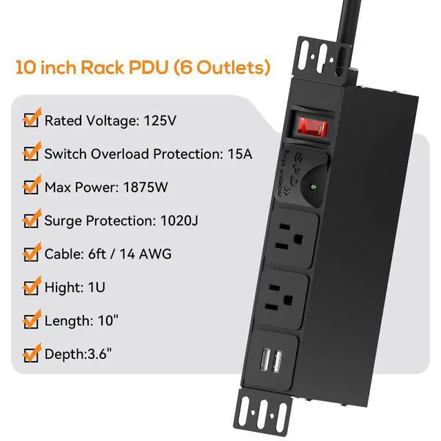 Alt view image 4 of 4 - 10 inch Rack PDU, 1U 6 Outlets(2 in front, 4 in back),1020J Surge Protection and 15A Overload Switch & 2 USB-A, Rack Mount Power Strips for 10'' Mini Server Network Cabinets/Rack/Self, 14AWG 6ft Cable