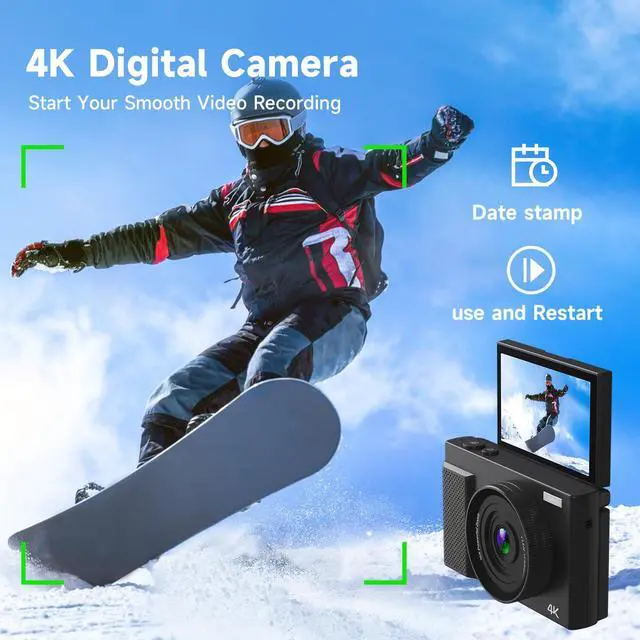 Alt view image 3 of 4 - 4K Digital Camera for Photography, 64MP Vlogging Video Camera for YouTube with 3'' 180°Flip Screen, 64GB Micro SD Card, 16x Digital Zoom Point Shoot Compact Travel Vintage Cameras (Black)