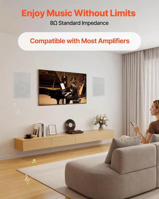 Alt view image 3 of 4 - in-Wall Speakers, 8", in Wall Speaker System with Paintable Grille, Hi-Fi Sound, 200W Peak, 2-Way Rectangular Speakers, for Damp Humid Indoor Placement, Bath, Kitchen, Covered Porches, 1 Pair