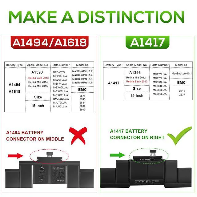 Alt view image 2 of 4 - A1417 Replacement Battery for MacBook Pro 15 inch Model A1398(Early 2013 Mid 2012), Model EMC 2673 2512 Identifier: MacBookPro10,1 MC975LL/A ME665LL/A