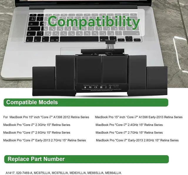 Alt view image 3 of 4 - A1417 Replacement Battery for MacBook Pro 15 inch Model A1398(Early 2013 Mid 2012), Model EMC 2673 2512 Identifier: MacBookPro10,1 MC975LL/A ME665LL/A