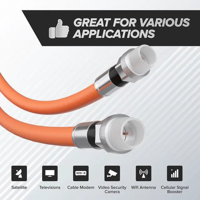 Alt view image 2 of 4 - Direct Burial Coaxial Cable 200 FT - 75 Ohm RG6 Underground Coax Cable - Outdoor Coax with Rubber Boots and Watertight Connectors for Weather Seal - 200 Feet (60 Meters), Orange